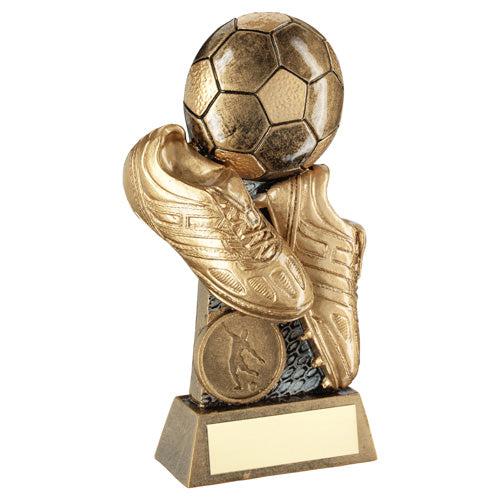 Gold Resin Football and Boots Trophy on Riser with Customizable Plate